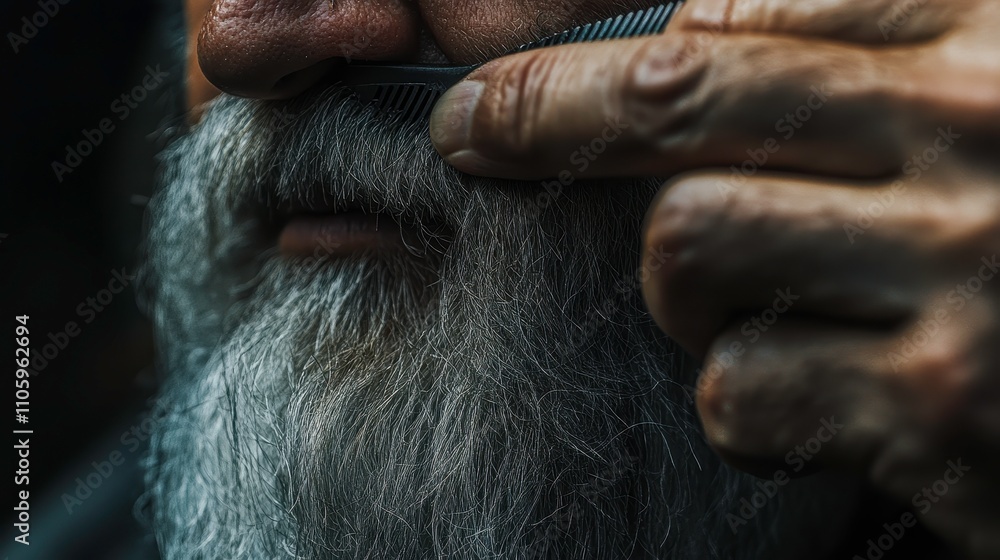 Obraz premium Close-Up of Elderly Man Grooming His Beard