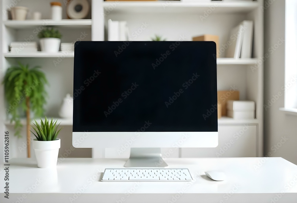 A white desktop computer monitor on a minimalist white desk with office supplies and shelves in the background. A white desktop computer monitor on a minimalist white desk with office supplies and shelves in the background.