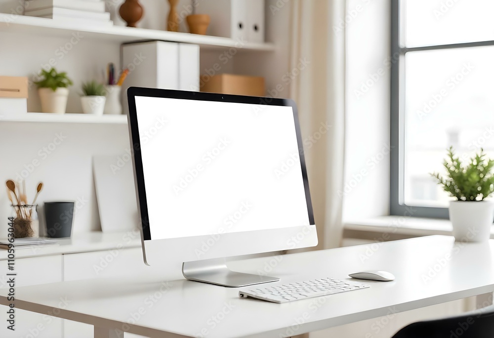A white desktop computer monitor on a minimalist white desk with office supplies and shelves in the background. A white desktop computer monitor on a minimalist white desk with office supplies and shelves in the background.