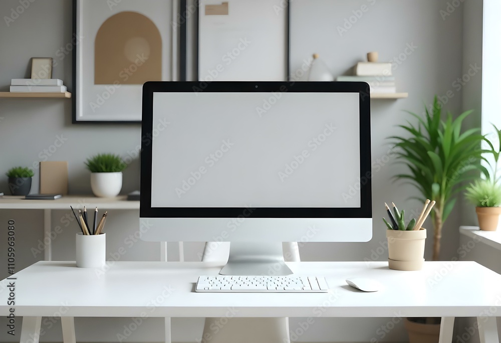 A white desktop computer monitor on a minimalist white desk with office supplies and shelves in the background. A white desktop computer monitor on a minimalist white desk with office supplies and shelves in the background.