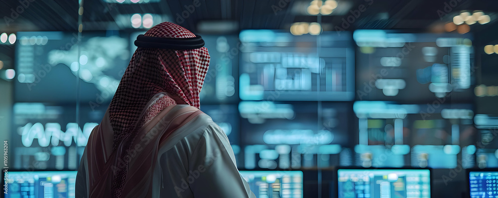 Man in Traditional Clothing Observes Data on Numerous Screens in a Modern Control Room Man in Traditional Clothing Observes Data on Numerous Screens in a Modern Control Room