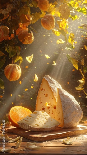 cheese, taleggio, studio light dreamy, marketing campaign, really IPER disruptive, autumn vibes, warm orange, dreamy, artificial, photo