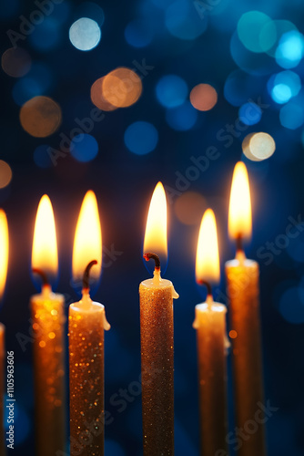 A group of lit candles sitting on top of a table