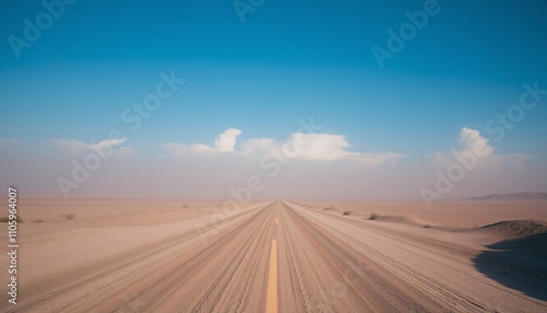 Long road through a sandy desert under a clear blue sky.