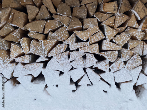 Snow-Covered Firewood Stack in Winter photo