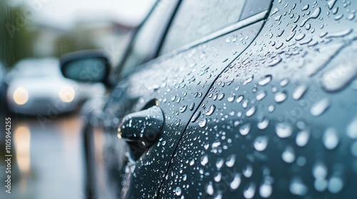 A close-up shows drops of water evaporating from a freshly washed car emphasizing the meticulous care taken in maintaining its appearance photo