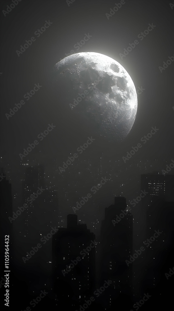A 3D Render of a Large Moon Shining Above Silhouetted City Buildings in a Dark, Foggy Night Sky A 3D Render of a Large Moon Shining Above Silhouetted City Buildings in a Dark, Foggy Night Sky