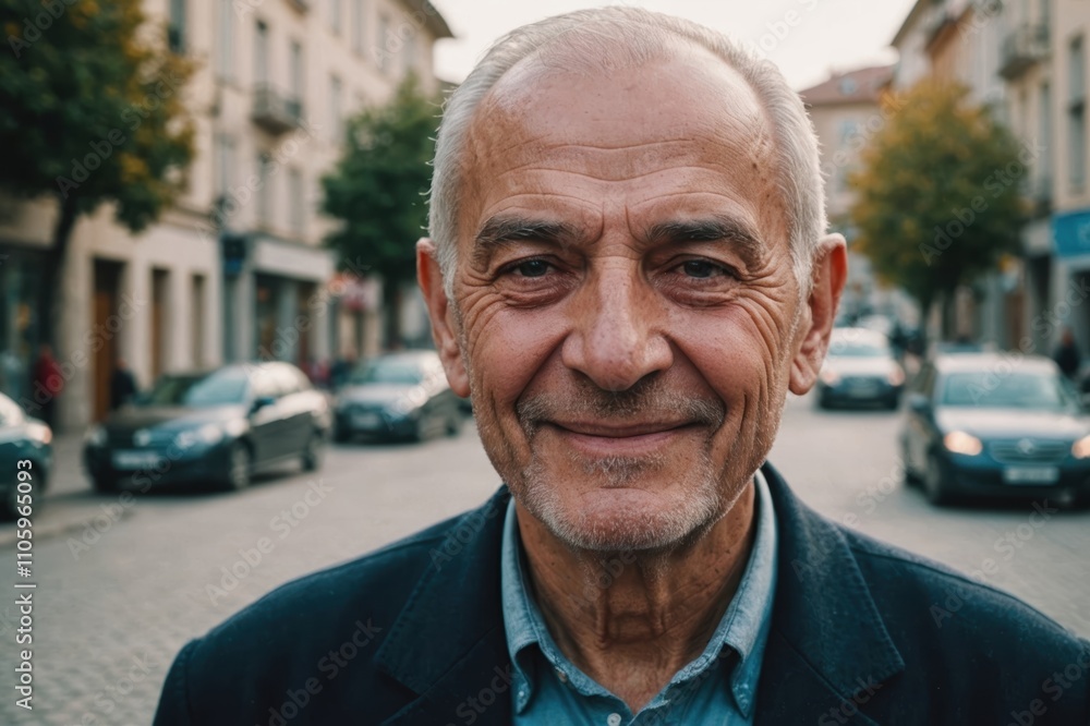 Close portrait of a smiling senior Albanian man looking at the camera, Albanian city outdoors blurred background Close portrait of a smiling senior Albanian man looking at the camera, Albanian city outdoors blurred background