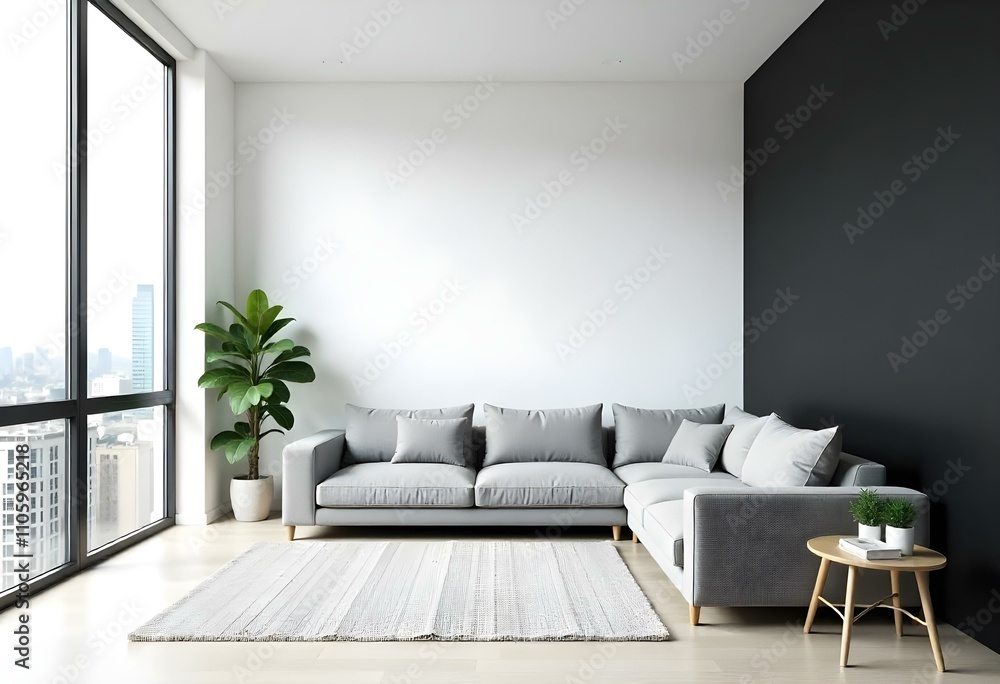 Fototapeta premium A modern, minimalist living room with a white wall , a black accent wall , and a large window overlooking a city skyline . The room features a gray sofa , a potted plant , and a few decorative items.