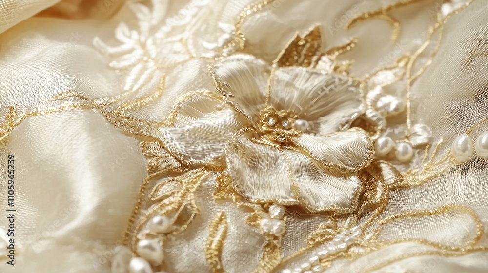 A close-up of intricate details on a wedding dress, highlighting beauty and design A close-up of intricate details on a wedding dress, highlighting beauty and design