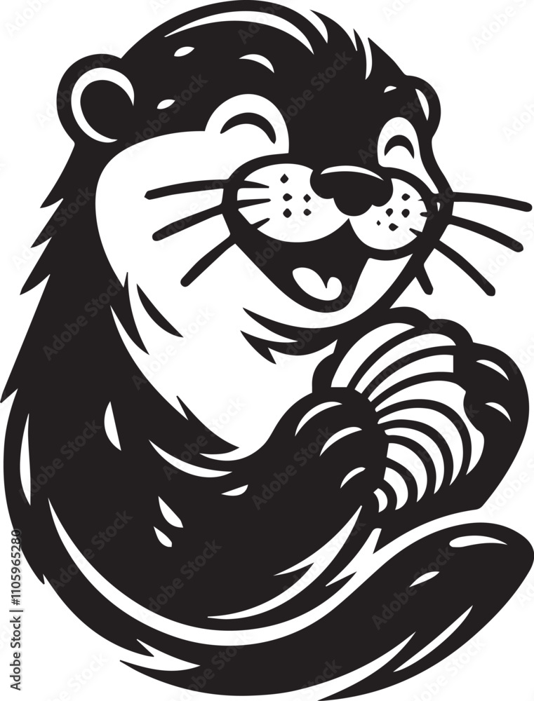 Otter with a cheeky grin holding a clam black silhouette vector Otter with a cheeky grin holding a clam black silhouette vector