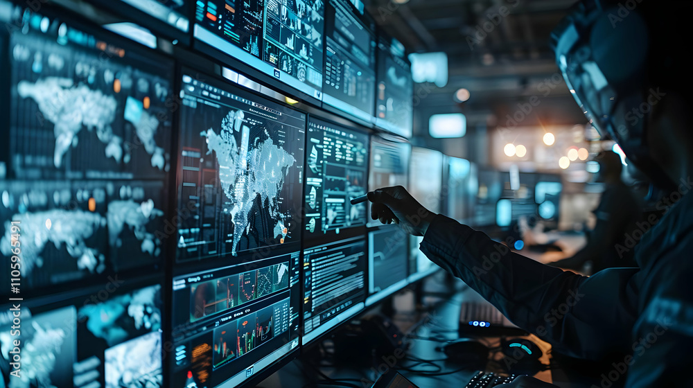 Naklejka premium Analyst Reviews Global Data Streams on Multiple Screens in a Dark Control Room