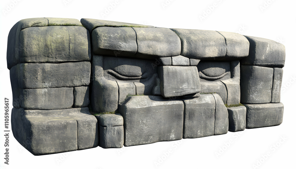 Ancient stone wall with carved face, Mayan-style, isolated on white background, 3D render. Ideal for game assets or architectural design. Ancient stone wall with carved face, Mayan-style, isolated on white background, 3D render. Ideal for game assets or architectural design.
