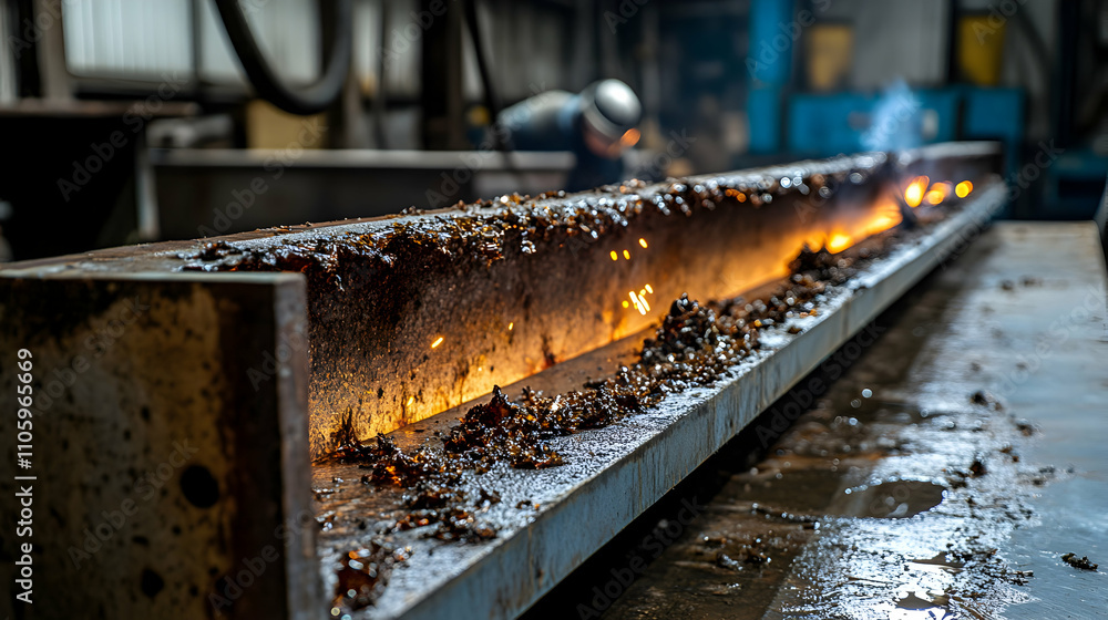Closeup of a Metal Beam Being Cut with Sparks Flying and Debris Scattered on the Floor, in a Factory Setting Closeup of a Metal Beam Being Cut with Sparks Flying and Debris Scattered on the Floor, in a Factory Setting