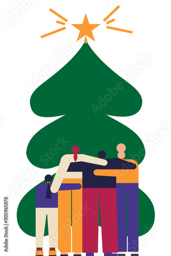 Family of four standing in front of a big Christmas tree, with a star. Colorful, flat vector illustration on transparent background. Vertical layout perfect for social media, card, banner or article photo