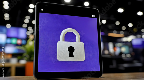 A White Padlock Icon on a Purple Background is Displayed on a Tablet Screen Showing Security Protection on a Digital Device photo