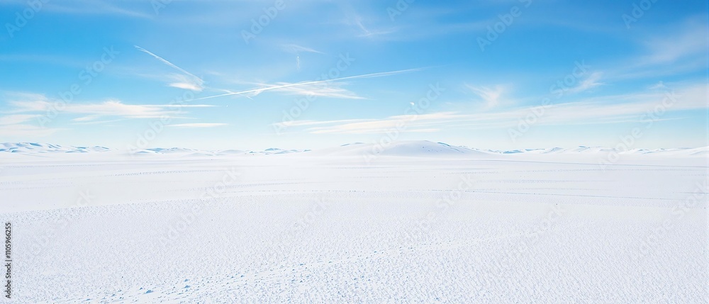 A vast expanse of untouched white powder snow with blue sky background, tranquil, icy, winter landscape, frigid A vast expanse of untouched white powder snow with blue sky background, tranquil, icy, winter landscape, frigid