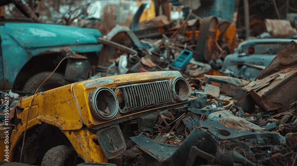 Fototapeta premium A close-up of discarded items in a junkyard reveals the stories behind each piece emphasizing the theme of recycling and reuse in modern society