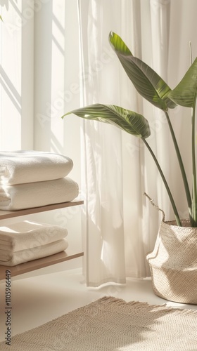 Cozy interior with plants and white towels.