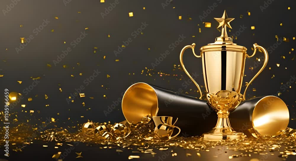 Gold winners sports cup on festive black background with confetti design trophy Golden symbol of winner celebration sport competition champion games 4K Gold winners sports cup on festive black background with confetti design trophy Golden symbol of winner celebration sport competition champion games 4K