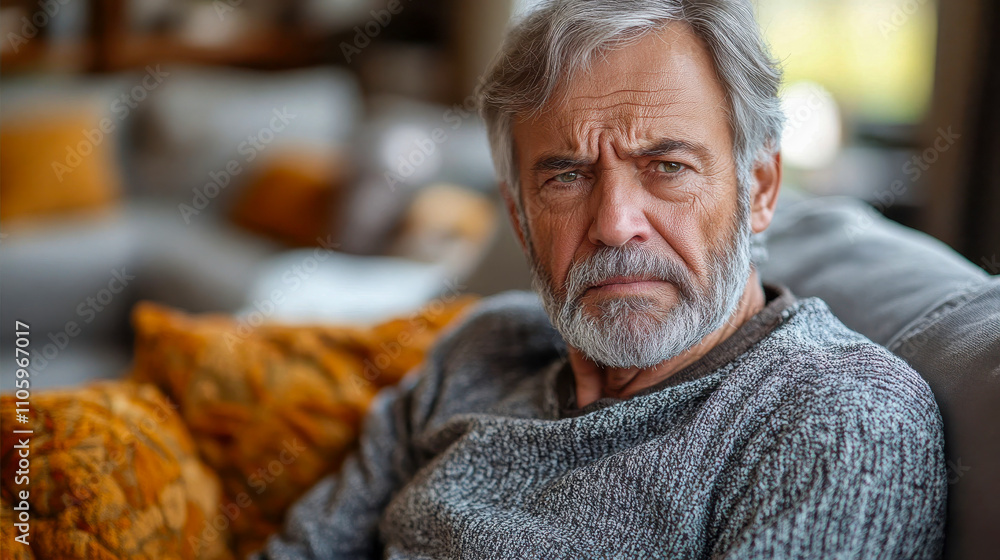 An elderly man sitting on a couch, holding his stomach with a concerned expression, portraying discomfort or pain An elderly man sitting on a couch, holding his stomach with a concerned expression, portraying discomfort or pain