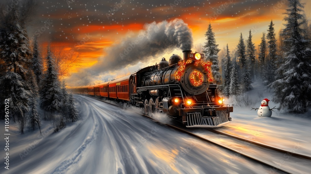 Festive steam train travels through snowy landscape during sunset with a snowman nearby Festive steam train travels through snowy landscape during sunset with a snowman nearby