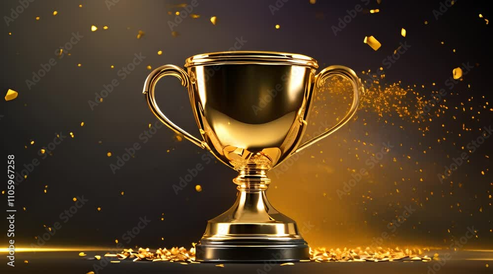 Gold winners sports cup on festive black background with confetti design trophy Golden symbol of winner celebration sport competition champion games 4K Gold winners sports cup on festive black background with confetti design trophy Golden symbol of winner celebration sport competition champion games 4K