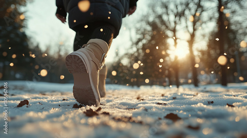 Person walking in winter snow with snowy boots enjoying a winter walk at sunset in a serene natural setting photo