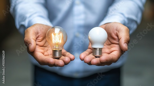 A male with medium skin tone holds a traditional incandescent bulb in one hand and a modern LED bulb in the other, symbolizing innovation and sustainability.