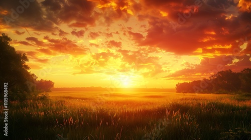 A stunning sunset over a field, with the sky painted in warm hues of orange and pink, creating a peaceful atmosphere. 