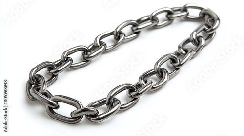 Silver chain isolated on white background. shiny metal steel iron link object, metallic strong security accessory, heavy long straight industry safety, stainless protection equipment, connection.