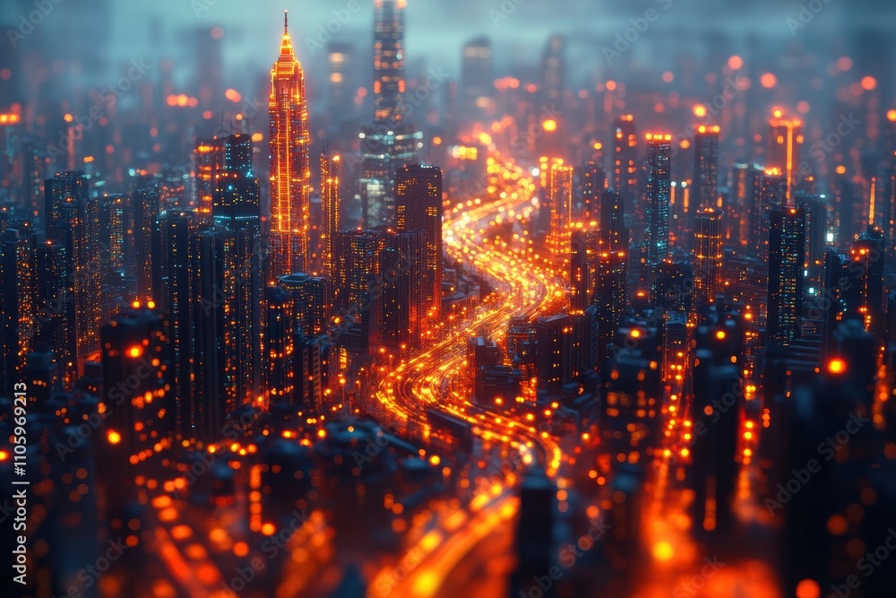 Fototapeta premium Futuristic tilt shift photography exploring surreal urban settings with glowing accents