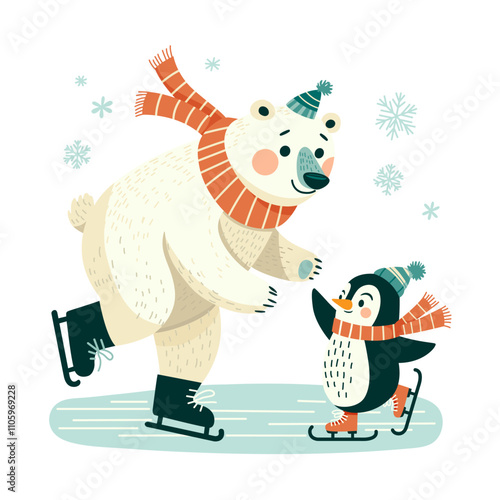 Good friends a bear and a penguin in winter hats and scarves are skating on the ice on a nice winter day.