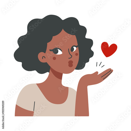 Cute young woman with short hair shows positive emotion, blows kiss.