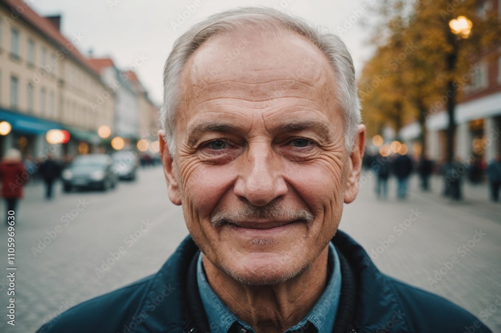 Close portrait of a smiling senior Belarusian man looking at the camera, Belarusian city outdoors blurred background Close portrait of a smiling senior Belarusian man looking at the camera, Belarusian city outdoors blurred background