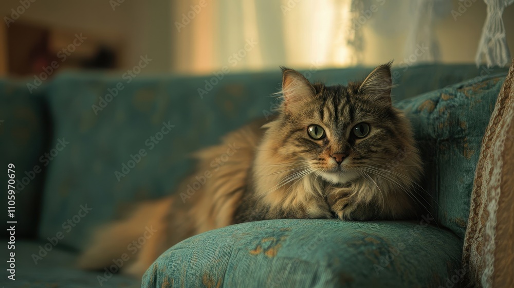 Obraz premium Fluffy Siberian Cat Relaxing on Sofa Armrest
