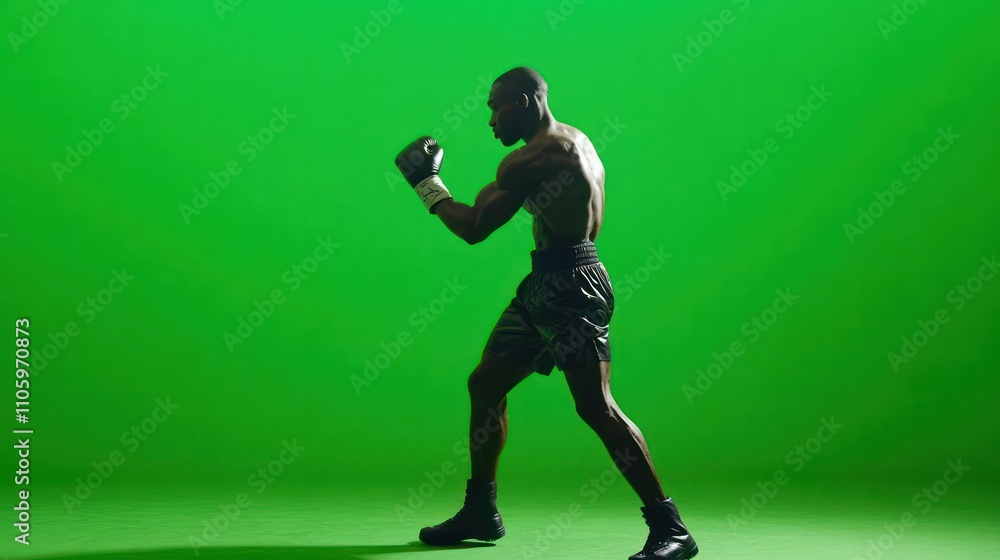 A boxer practicing footwork and combos, set on a sleek green screen for customized visuals A boxer practicing footwork and combos, set on a sleek green screen for customized visuals