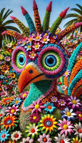 A colorful, whimsical bird with large eyes, a long beak, made entirely of vibrant flowers