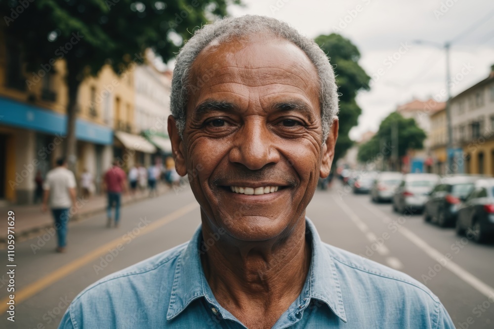 Close portrait of a smiling senior Brazilian man looking at the camera, Brazilian city outdoors blurred background Close portrait of a smiling senior Brazilian man looking at the camera, Brazilian city outdoors blurred background