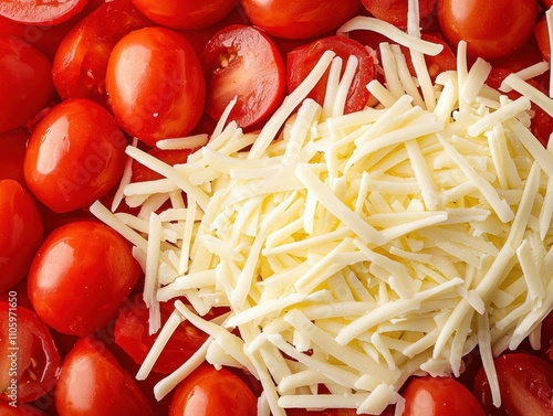 Shredded mozzarella on a fresh caprese salad, soft lighting, and vibrant colors for healthy advertising photo