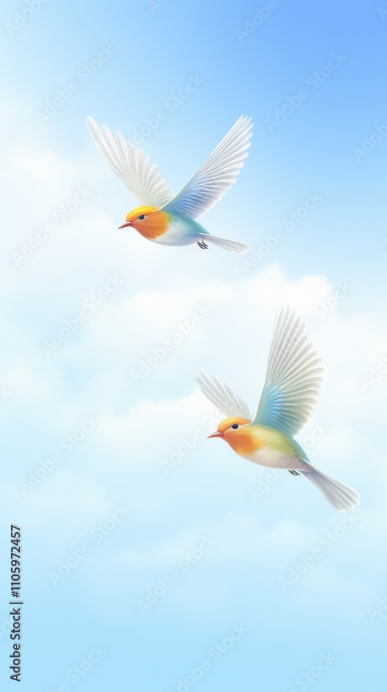 Colorful birds flying against a clear sky. Colorful birds flying against a clear sky.