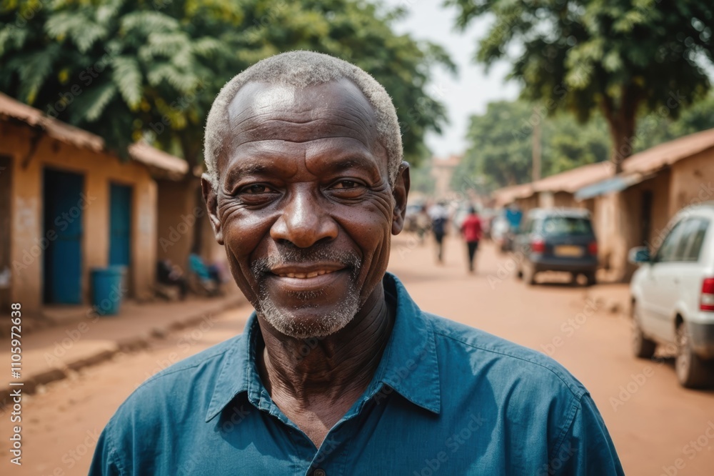 Close portrait of a smiling senior Burkinabé man looking at the camera, Burkinabé city outdoors blurred background Close portrait of a smiling senior Burkinabé man looking at the camera, Burkinabé city outdoors blurred background