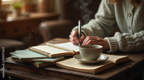 A cozy writing nook featuring a comfortable chair, a desk filled with notebooks, and a steaming cup of tea, writing in a journal, embodying the essence of creative expression through words