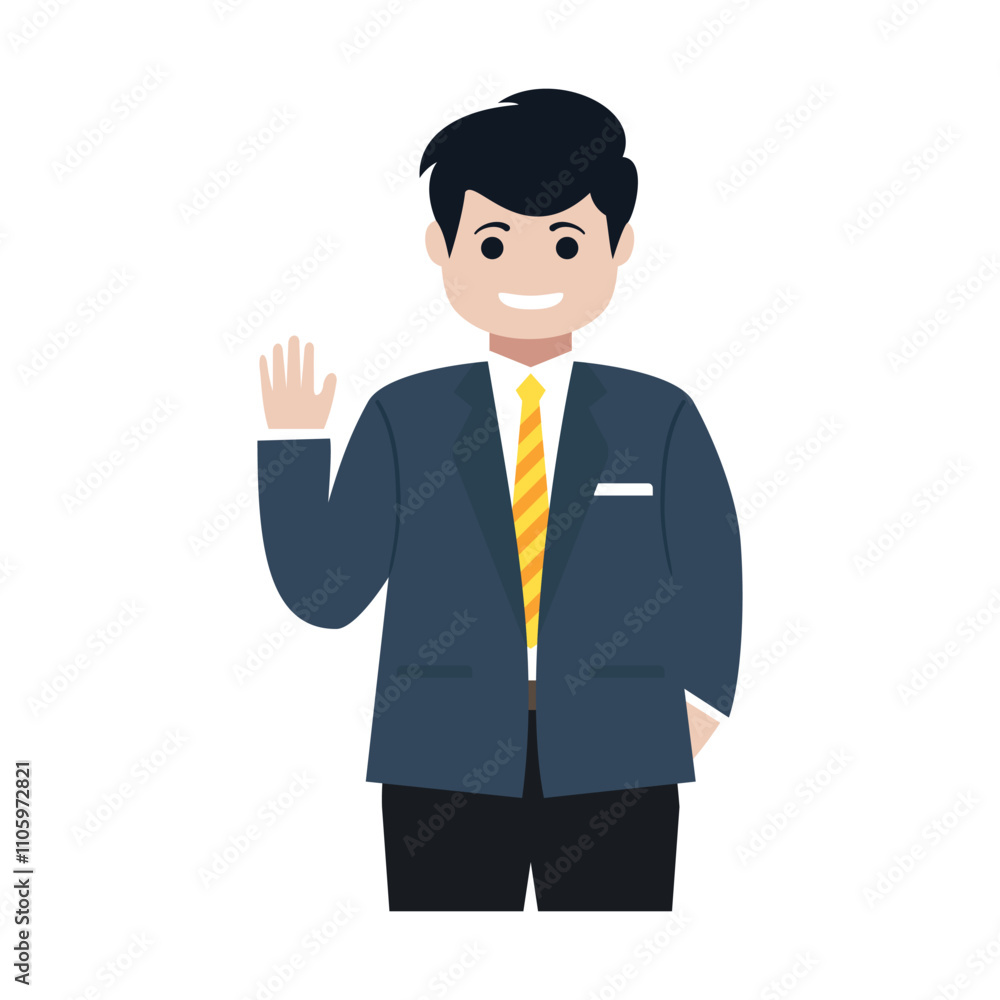 A businessman in a business suit waving his hand and smiling A businessman in a business suit waving his hand and smiling
