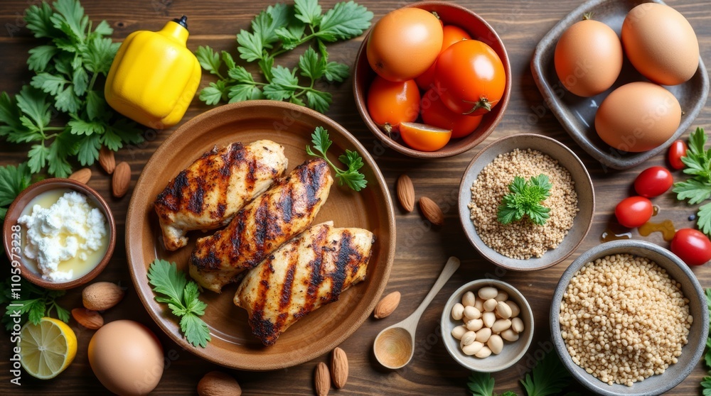 A selection of high-protein foods on a wooden table, including grilled chicken, eggs, almonds, lentils, and tofu, top-down view for a clean and organized presentation A selection of high-protein foods on a wooden table, including grilled chicken, eggs, almonds, lentils, and tofu, top-down view for a clean and organized presentation
