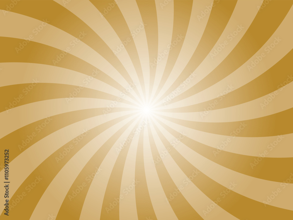 Fototapeta premium Dark goldenrod yellow sunburst background. Radial retro glowing rays banner. Abstract retro whirlwind starburst vector abstract background. Twisted radial illustration.