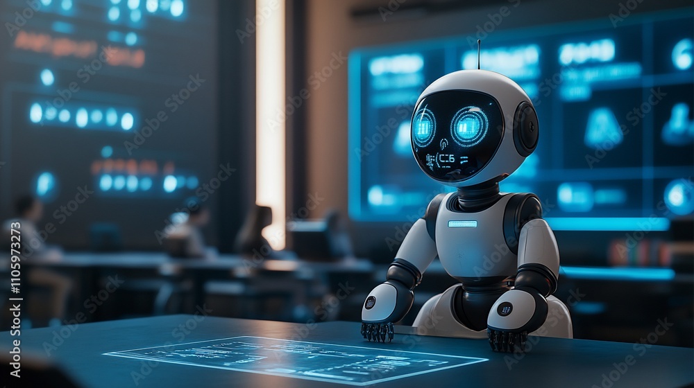 Robot sits at futuristic control panel in office. Robot sits at futuristic control panel in office.