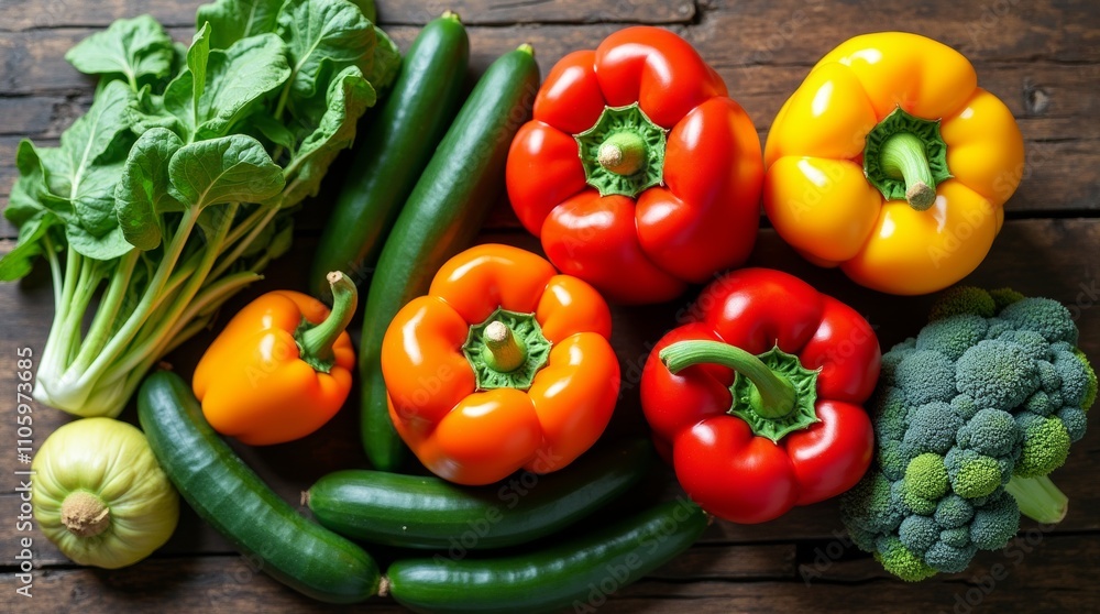 selection of non-starchy vegetables including bell peppers, spinach, cucumbers, and broccoli, arranged on a rustic wooden table, shot in natural light, top-down view with bright and fresh colors selection of non-starchy vegetables including bell peppers, spinach, cucumbers, and broccoli, arranged on a rustic wooden table, shot in natural light, top-down view with bright and fresh colors