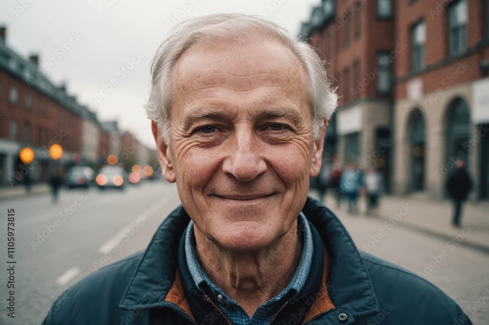 Close portrait of a smiling senior Canadian man looking at the camera, Canadian city outdoors blurred background Close portrait of a smiling senior Canadian man looking at the camera, Canadian city outdoors blurred background