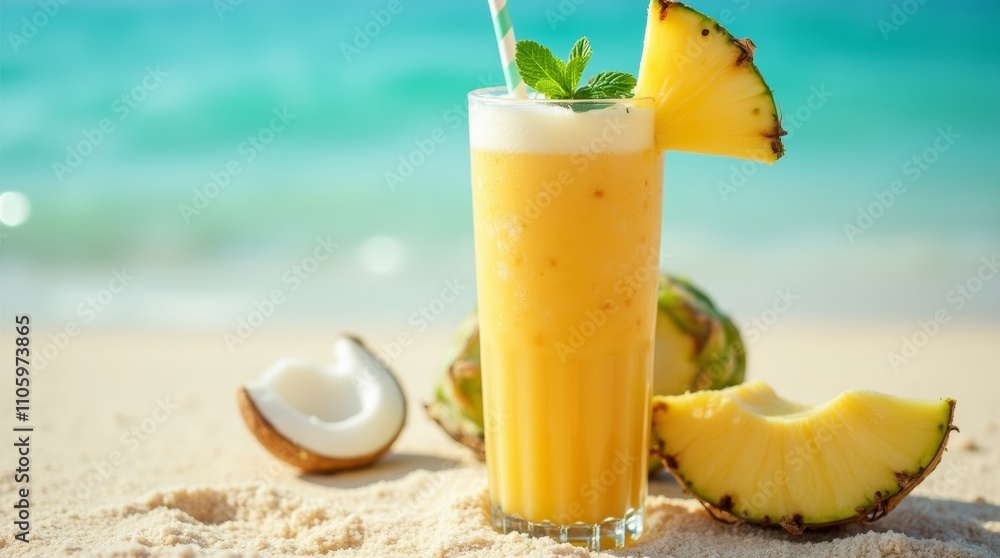 tropical smoothie in a tall glass, filled with a blend of mango, pineapple, and coconut, garnished with a slice of pineapple and a sprig of mint, set against a bright beach background, summer vibe tropical smoothie in a tall glass, filled with a blend of mango, pineapple, and coconut, garnished with a slice of pineapple and a sprig of mint, set against a bright beach background, summer vibe